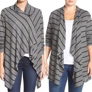 BOBEAU Stripe Open Front One Button Cardigan With & Long Sleeves Grey/Black Sz L